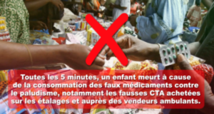 Moment from TV spot to raise awareness of SSFFC malarial medicines and promote safe medicine sources. Translation: “Every five minutes, a child dies because of fake antimalarial medicines, namely fake ACTs bought from informal shops and vendors.”