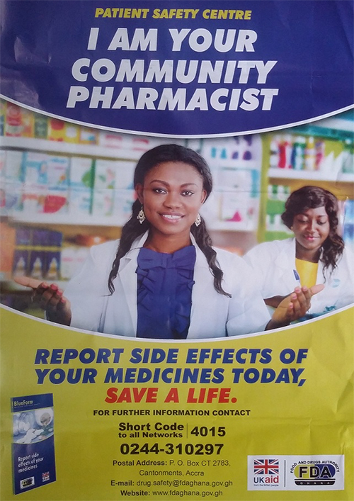 This poster encourages consumers to report adverse side effects to a national hotline. 